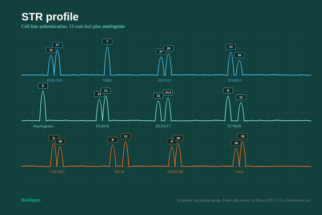 Schematic STR profile electropherogram for cell line authentication showing 13 core loci plus amelogenin