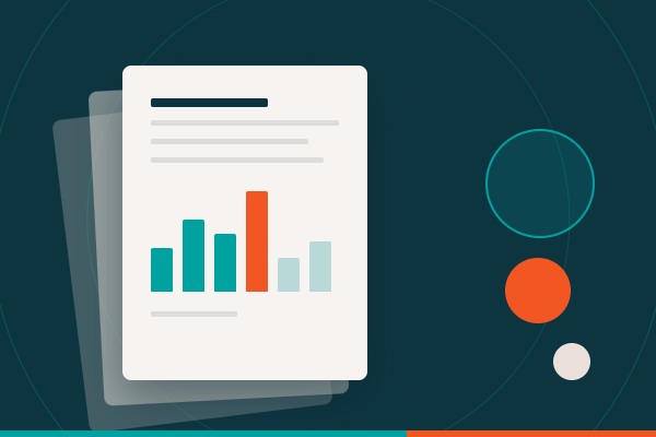 Abstract graphic representing an animal-origin-free cell dissociation documentation file, with a stacked document showing a bar chart in BioHippo teal and orange.