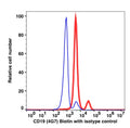 Lymphocyte-gated PBMCs stained with CD19 Biotin followed by SA-PE (RED). Lymphocyte-gated PBMCs stained with mouse IgG1 Biotin followed by SA-PE (BLUE).