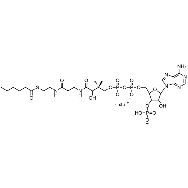 Hexanoyl Coenzyme A, Lithium salt — Lyophilized powder, purity ≥ 95%, MW 865.68 g/mol (free acid basis), C27H43N7O17P3S · xLi. Coenza biochemical available from BioHippo.