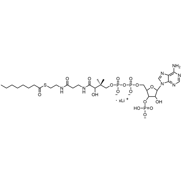 Octanoyl Coenzyme A, Lithium salt — Lyophilized powder, purity ≥ 95%, MW 893.73 g/mol (free acid basis), C29H47N7O17P3S · xLi. Coenza biochemical available from BioHippo.