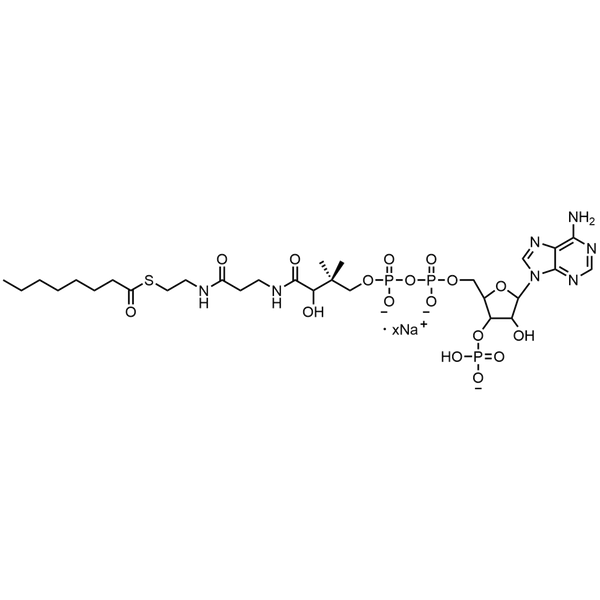 Octanoyl Coenzyme A, Sodium salt — Lyophilized powder, purity ≥ 95%, MW 893.73 g/mol (free acid basis), C29H47N7O17P3S · xNa. Coenza biochemical available from BioHippo.