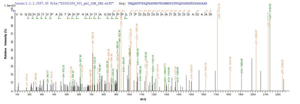 Based on the SEQUEST from database of E.coli host and target protein, the LC-MS/MS Analysis result of CSB-EP803414FGP(A4) could indicate that this peptide derived from E.coli-expressed Pseudomonas syringae pv. tomato (strain ATCC BAA-871 / DC3000) hopM1.