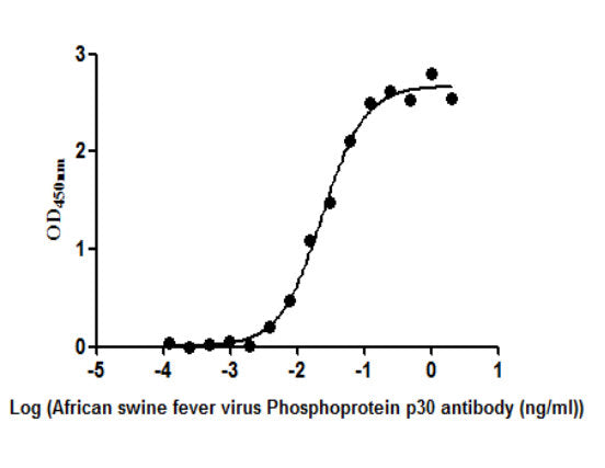 The Binding Activity of  African swine fever virus Phosphoprotein p30(Ba71V-93). Activity: Measured by its binding ability in a functional ELISA. Immobilized African swine fever virus Phosphoprotein p30(Ba71V-93) protein at 2 μg/ml can bind African swine fever virus Phosphoprotein p30(Ba71V-93) Antibody, the EC<sub>50</sub> is 0.01982 to 0.02784 ug/ml.