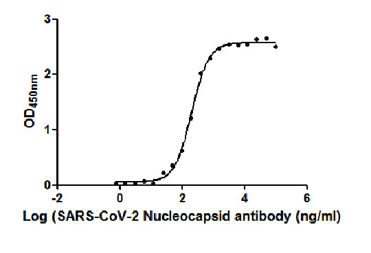 The Binding Activity of SARS-CoV-2-N Antibody with SARS-CoV-2-NActivity: Measured by its binding ability in a functional ELISA. Immobilized SARS-CoV-2-N (CSB-EP3325GMY) at 2 ug/ml can bind SARS-CoV-2-N Antibody, the EC<sub>50</sub> is 201.1 ng/ml.