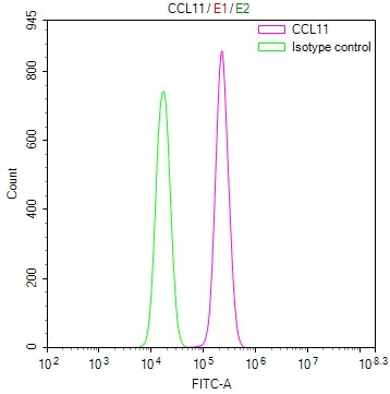 Overlay Peak curve showing A549 cells stained with CSB-RA004775MA2HU (red line) at 1:100. The cells treated with IFNG 100 ng/ml for 48 h. The cells were fixed in 4% formaldehyde and permeated by 0.2% TritonX-100 for 10min. Then 10% normal goat serum to block non-specific protein-protein interactions followed by the antibody (1ug/1*10 6 cells) for 45min at 4℃.