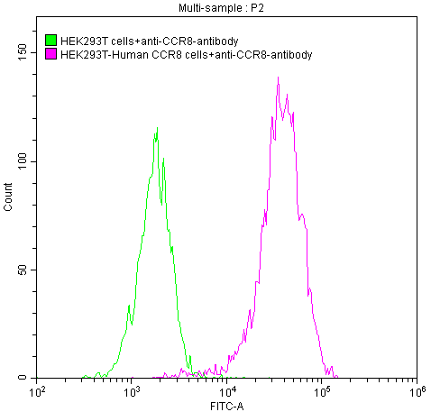 Untransfected HEK293T cells surface (green line) and transfected Human CCR8 HEK293T stable cells surface (red line) were stained with anti-CCR8 antibody (2µg/1*10<sup>6</sup> cells) , washed and then followed by FITC-conjugated anti-Human IgG Fc antibody and analyzed with flow cytometry.
