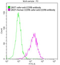 Untransfected HEK293T cells surface(green line) and transfected Human CCR8 HEK293T stable cells surface (red line) were stained with anti-CCR8 recombinant antibody (2µg/1*10<sup>6</sup>cells) , washed and then followed by FITC-conjugated anti-Human IgG Fc antibody and analyzed with flow cytometry.