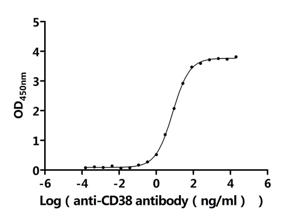 The Binding Activity of Human CD38 with Anti-CD38 recombinant antibodyActivity: Measured by its binding ability in a functional ELISA.Immobilized Human CD38(CSB-MP004929HUc7) at 2 μg/mL can bind Anti-CD38 recombinant antibody. The EC<sub>50</sub> is 7.073-8.315 ng/mL.