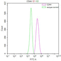Overlay Peak curve showing Hela cells surface stained with CSB-RA004938MA1HU (red line) at 1:100. Then 10% normal goat serum was Incubated to block non-specific protein-protein interactions followed by the antibody (1µg/1*10 6 cells) for 45 min at 4°C. The secondary antibody used was FITC-conjugated Goat Anti-Mouse IgG(H+L) at 1/200 dilution for 35 min at 4°C. Isotype control antibody (green line) was mouse IgG1 (1µg/1*10 6 cells) used under the same conditions. Acquisition of >10, 000 events was performed.