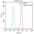 Overlay Peak curve showing Raji cells surface stained with CSB-RA004954MA4HU (red line) at 1:100. Then 10% normal goat serum to block non-specific protein-protein interactions followed by the antibody (1ug/1*10<sup>6</sup>cells) for 45min at 4℃. The secondary antibody used was FITC-conjugated Goat Anti-Mouse IgG(H+L) at 1:200 dilution for 35min at 4℃.Control antibody (green line) was mouse IgG2a (1ug/1*10<sup>6</sup>cells) used under the same conditions. Acquisition of >10,000 events was performed.