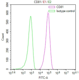 Overlay Peak curve showing Jurkat cells surface stained with CSB-RA004960MA2HU (red line) at 1:100. Then 10% normal goat serum to block non-specific protein-protein interactions followed by the antibody (1ug/1*10 6 cells) for 45min at 4℃. The secondary antibody used was Fluorescein (FITC) AffiniPure Goat Anti-Human IgG, Fcγ fragment specific at 1:200 dilution for 35min at 4℃.Control antibody (green line) was human IgG1 (1ug/1*10 6 cells) used under the same conditions.