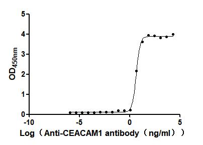 The Binding Activity of Human CEACAM1 with Anti-CEACAM1 recombinant antibodyActivity: Measured by its binding ability in a functional ELISA. Immobilized Human CEACAM1 at 2 μg/mL can bind Anti-CEACAM1 recombinant antibody(CSB-RA005157MA1HU) . The EC<sub>50</sub> is 3.432 - 6.079 ng/mL.