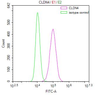 Overlay Peak curve showing MCF7 cells surface stained with CSB-RA005506MA2HU (red line) at 1:100. Then 10% normal goat serum was Incubated to block non-specific protein-protein interactions followed by the antibody (1µg/1*10 6 cells) for 45 min at 4°C. The secondary antibody used was FITC-conjugated Goat Anti-Mouse IgG(H+L) at 1/200 dilution for 35 min at 4°C. Isotype control antibody (green line) was mouse IgG1 (1µg/1*10 6 cells) used under the same conditions. Acquisition of >10,000 events was performed.