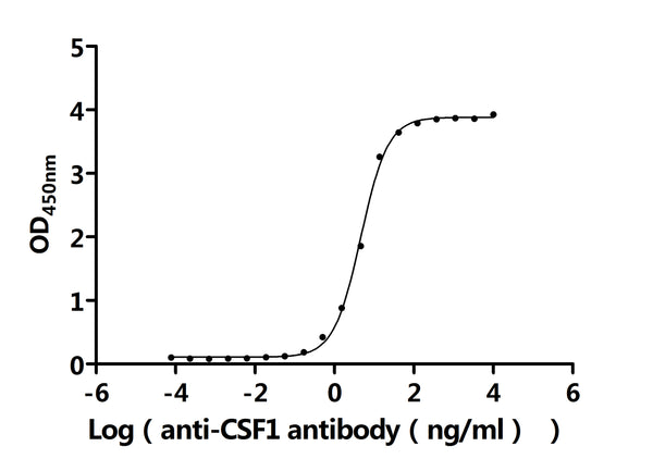 The Binding Activity of Human CSF1 with Anti-CSF1 recombinant antibodyActivity: Measured by its binding ability in a functional ELISA. Immobilized Human CSF1 protein (CSB-MP006043HU1) at 2 μg/mL can bind Anti-CSF1 recombinant antibody. The EC<sub>50</sub> is 4.291-4.988 ng/mL.