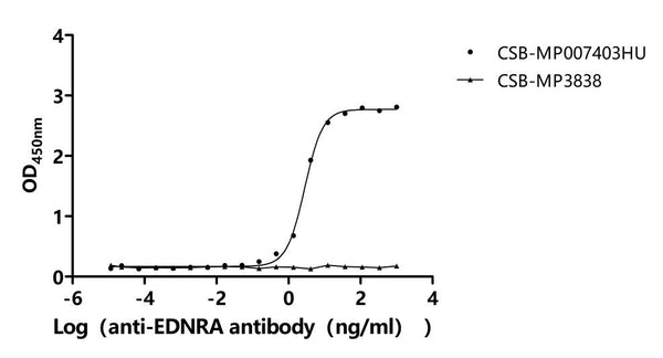 The Binding Activity of Human EDNRA with Anti-EDNRA Recombinant AntibodyActivity: Measured by its binding ability in a functional ELISA. Immobilized Human EDNRA(CSB-MP007403HU) at 10 μg/mL can bind Anti-EDNRA recombinant antibody. The EC<sub>50</sub> is 2.225-3.570 ng/mL.
The VLPs (CSB-MP3838) is negative control.