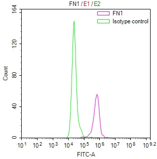 Overlay Peak curve showing 3T3 cells stained with CSB-RA008759MA1HU (red line) at 1:50.The cells were fixed in 4% formaldehyde (15min) and permeated by 0.2% TritonX-100 for 10min. Then 10% normal goat serum to block non-specific protein-protein interactions followed by the antibody (1ug/1*10 6 cells) for 45min at 4℃. The secondary antibody used was FITC-conjugated Goat Anti-Mouse IgG(H+L) at 1/200 dilution for 35 min at 4°C.