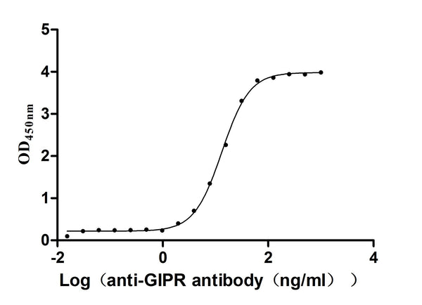The Binding Activity of Macaca fascicularis GIPR with Anti-GIPR recombinant antibodyActivity: Measured by its binding ability in a functional ELISA. Immobilized Macaca fascicularis GIPR (CSB-YP4825MOV) at 2 μg/mL can bind Anti-GIPR recombinant antibody. The EC<sub>50</sub> is 12.66-13.86 ng/mL.