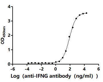 The Binding Activity of Human IFNG with anti-IFNG recombinant antibodyActivity: Measured by its binding ability in a functional ELISA.Immobilized Human IFNG(CSB-MP011050HU1d7) at 2 μg/mL can bind anti-IFNG recombinant antibody.The EC<sub>50</sub> is 74.23-96.56 ng/mL.