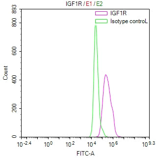 Overlay Peak curve showing Hela cells surface stained with CSB-RA011087MA1HU (red line) at 1:50. Then 10% normal goat serum was Incubated to block non-specific protein-protein interactions followed by the antibody (1µg/1*10 6 cells) for 45 min at 4°C. The secondary antibody used was FITC-conjugated Goat Anti-Mouse IgG(H+L) at 1/200 dilution for 35 min at 4°C. Isotype control antibody (green line) was mouse IgG1 (1µg/1*10 6 cells) used under the same conditions. Acquisition of >10, 008 events was performed.