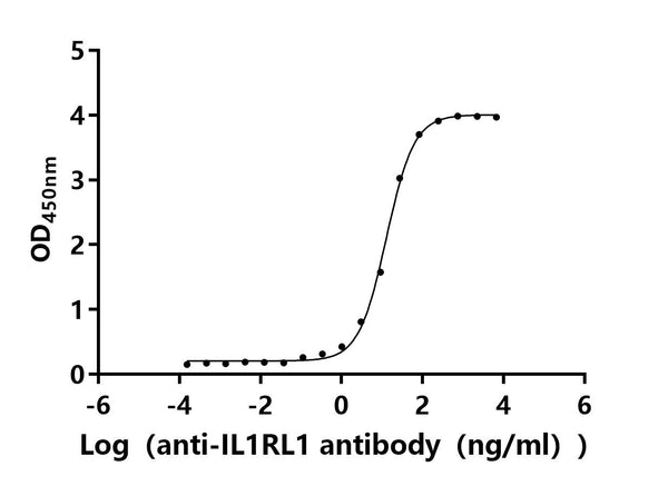 The Binding Activity of Human IL1RL1 with Anti-IL1RL1 recombinant antibodyActivity: Measured by its binding ability in a functional ELISA.Immobilized Human IL1RL1(CSB-MP011626HU) at 2 μg/mL can bind Anti-IL1RL1 recombinant antibody. The EC<sub>50</sub> is 11.85-13.96 ng/mL.