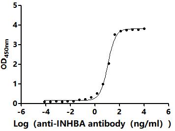 The Binding Activity of Human INHBA with Anti-INHBA recombinant antibodyActivity: Measured by its binding ability in a functional ELISA.Immobilized Human INHBA（CSB-MP011719HU1b0） at 2 μg/mL can bind Anti-INHBA recombinant antibody. The EC<sub>50</sub> is 10.28-12.68 ng/mL.