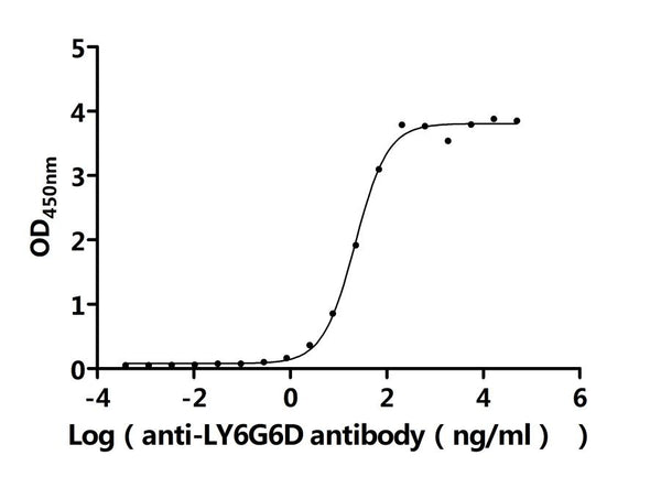 The Binding Activity of Macaca fascicularis LY6G6D with Anti-LY6G6D Recombinant AntibodyActivity: Measured by its binding ability in a functional ELISA. Immobilized Macaca fascicularis LY6G6D (CSB-YP4607MOV) at 2 μg/mL can bind Anti-LY6G6D recombinant antibody. The EC<sub>50</sub> is 19.33-25.47 ng/mL.
