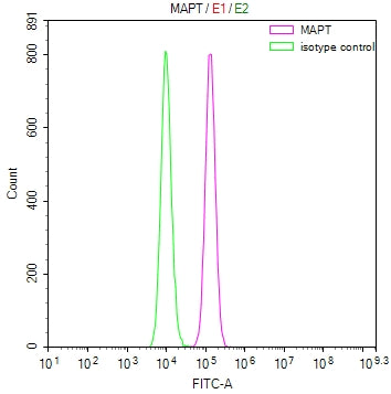 Overlay Peak curve showing MCF7 cells stained with CSB-RA013481MA1HU (red line) at 1:100. The cells were fixed in 4% formaldehyde (15min) and permeated by 0.2% TritonX-100 for 10min. Then 10% normal goat serum was Incubated to block non-specific protein-protein interactions followed by the antibody (1µg/1*10 6 cells) for 45 min at 4°C. The secondary antibody used was FITC-conjugated Goat Anti-Mouse IgG(H+L) at 1/200 dilution for 35 min at 4°C.