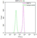 Overlay Peak curve showing Raji cells stained with CSB-RA014659MA1HU (red line) at 1:100. The cells were fixed in 4% formaldehyde and permeated by 0.2% TritonX-100 for 10min. Then 10% normal goat serum to block non-specific protein-protein interactions followed by the antibody (1ug/1*10 6 cells) for 45min at 4℃.
