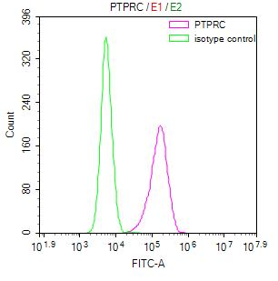 Overlay Peak curve showing 293 cells surface stained with CSB-RA019049MA1HU (red line) at 1:100. Then 10% normal goat serum was Incubated to block non-specific protein-protein interactions followed by the antibody (1µg/1*10 6 cells) for 45 min at 4°C. The secondary antibody used was FITC-conjugated Goat Anti-Mouse IgG(H+L) at 1/200 dilution for 35 min at 4°C. Isotype control antibody (green line) was mouse IgG1 (1µg/1*10 6 cells) used under the same conditions. Acquisition of >10,000 events was performed.