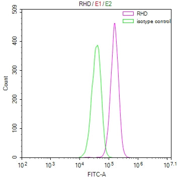 Overlay Peak curve showing Hela cells surface stained with CSB-RA019677MA1HU (red line) at 1:100. Then 10% normal goat serum was Incubated to block non-specific protein-protein interactions followed by the antibody (1µg/1*10 6 cells) for 45 min at 4°C. The secondary antibody used was FITC-conjugated Goat Anti-Mouse IgG(H+L) at 1/200 dilution for 35 min at 4°C. Isotype control antibody (green line) was mouse IgG1 (1µg/1*10 6 cells) used under the same conditions. Acquisition of >10, 000 events was performed.