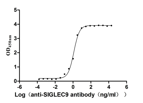 The Binding Activity of Human SIGLEC9 with Anti-SIGLEC9 Recombinant AntibodyActivity: Measured by its binding ability in a functional ELISA. Immobilized Human SIGLEC9 (CSB-MP021303HU) at 2 μg/mL can bind Anti-SIGLEC9 recombinant antibody. The EC<sub>50</sub> is 1.033-1.429 ng/mL.