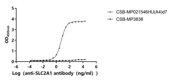The Binding Activity of Human SLC2A1 with Anti-SLC2A1 Recombinant antibodyActivity: Measured by its binding ability in a functional ELISA. Immobilized Human SLC2A1(CSB-MP021546HU(A4)d7) at 10 μg/mL can bind Anti-SLC2A1 recombinant antibody. The EC<sub>50</sub> is 5.023-6.275 ng/mL.The VLPs (CSB-MP3838) is negative control.