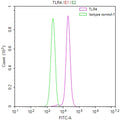 Overlay Peak curve showing Hela cells stained with CSB-RA023603MA1HU (red line) at 1:100. The cells were fixed in 4% formaldehyde and permeated by 0.2% TritonX-100. Then 10% normal goat serum to block non-specific protein-protein interactions followed by the antibody (1ug/1*10 6 cells) for 45min at 4℃. The secondary antibody used was FITC-conjugated Goat Anti-human IgG(H+L) at 1:200 dilution for 35min at 4℃.Control antibody (green line) was human IgG (1ug/1*10 6 cells) used under the same conditions.