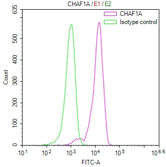 Overlay Peak curve showing SH-SY5Y cells stained with CSB-RA034568A0HU (red line) at 1:100. The cells were fixed in 4% formaldehyde and permeated by 0.2% TritonX-100 for 10min. Then 10% normal goat serum to block non-specific protein-protein interactions followed by the antibody (1ug/1*10 6 cells) for 45min at 4℃.