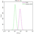Overlay Peak curve showing HepG2 cells stained with CSB-RA085988A0HU (red line) at 1:100. The cells were fixed in 4% formaldehyde and permeated by 0.2% TritonX-100 for 10min. Then 10% normal goat serum to block non-specific protein-protein interactions followed by the antibody (1ug/1*10 6 cells) for 45min at 4℃.
