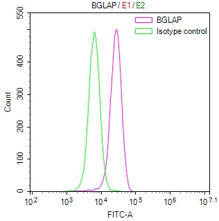 Overlay Peak curve showing U87 cells stained with CSB-RA11839MA1HU (red line) at 1:100. The cells were fixed in 4% formaldehyde and permeated by 0.2% TritonX-100 for 10min. Then 10% normal goat serum to block non-specific protein-protein interactions followed by the antibody (1ug/1*10 6 cells) for 45min at 4℃.
