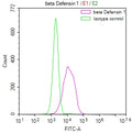 Overlay Peak curve showing HepG2 cells surface stained with CSB-RA153094A0HU (red line) at 1:50. Then 10% normal goat serum to block non-specific protein-protein interactions followed by the antibody (1µg/1*10<sup>6</sup>cells) for 45min at 4℃. The secondary antibody used was FITC-conjugated Goat Anti-rabbit IgG(H+L) at 1:200 dilution for 35min at 4℃.Control antibody (green line) was rabbit IgG (1µg/1*10<sup>6</sup>cells) used under the same conditions. Acquisition of >10,000 events was performed.