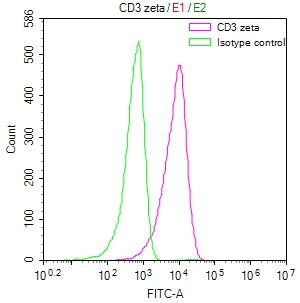 Overlay Peak curve showing Jurkat cells surface stained with CSB-RA244537A0HU (red line) at 1:50. Then 10% normal goat serum to block non-specific protein-protein interactions followed by the antibody (1µg/1*10<sup>6</sup>cells) for 45min at 4℃. The secondary antibody used was FITC-conjugated Goat Anti-rabbit IgG(H+L) at 1:200 dilution for 35min at 4℃.Control antibody (green line) was rabbit IgG (1µg/1*10<sup>6</sup>cells) used under the same conditions. Acquisition of >10,000 events was performed.