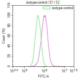 Overlay Peak curve showing PC3 cells stained with CSB-RA285197A0HU (red line) at 1:100. The cells were fixed in 4% formaldehyde and permeated by 0.2% TritonX-100. Then 10% normal goat serum to block non-specific protein-protein interactions followed by the antibody (1ug/1*10 6 cells) for 45min at 4℃. The secondary antibody used was FITC-conjugated Goat Anti-rabbit IgG(H+L) at 1:200 dilution for 35min at 4℃.Control antibody (green line) was rabbit IgG (1ug/1*10 6 cells) used under the same conditions.