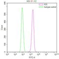 Overlay Peak curve showing HT29 cells stained with CSB-RA296295A0MO (red line) at 1:100. The cells were fixed in 4% formaldehyde and permeated by 0.2% TritonX-100 for 10min. Then 10% normal goat serum to block non-specific protein-protein interactions followed by the antibody (1ug/1*10 6 cells) for 45min at 4℃.