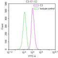 Overlay Peak curve showing HepG2 cells stained with CSB-RA355590MA1HU (red line) at 1:100. The cells were fixed in 4% formaldehyde and permeated by 0.2% TritonX-100 for 10min. Then 10% normal goat serum to block non-specific protein-protein interactions followed by the antibody (1ug/1*10 6 cells) for 45min at 4℃.