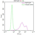Overlay Peak curve showing PC-3 cells stained with CSB-RA559749A0HU (red line) at 1:100. The cells were fixed in 4% formaldehyde and permeated by 0.2% TritonX-100 for 10min. Then 10% normal goat serum to block non-specific protein-protein interactions followed by the antibody (1ug/1*10 6 cells) for 45min at 4℃.