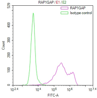 Overlay Peak curve showing PC-3 cells stained with CSB-RA559749A0HU (red line) at 1:100. The cells were fixed in 4% formaldehyde and permeated by 0.2% TritonX-100 for 10min. Then 10% normal goat serum to block non-specific protein-protein interactions followed by the antibody (1ug/1*10 6 cells) for 45min at 4℃.