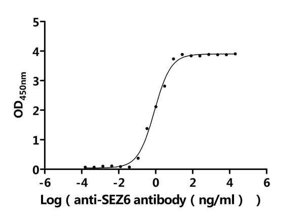 The Binding Activity of Cynomolgus SEZ6 with Anti-SEZ6 recombinant antibodyActivity: Measured by its binding ability in a functional ELISA. Immobilized Cynomolgus SEZ6 (CSB-MP6419MOV) at 2 μg/mL can bind Anti-SEZ6 recombinant antibody. The EC<sub>50</sub> is 0.6865-1.065 ng/mL.