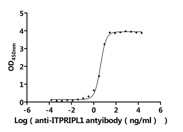 The Binding Activity of Macaca fascicularis ITPRIPL1 with Anti-ITPRIPL1 recombinant antibodyActivity: Measured by its binding ability in a functional ELISA. Immobilized Macaca fascicularis ITPRIPL1 (CSB-MP6125MOV) at 2 μg/mL can bind Anti-ITPRIPL1 recombinant antibody. The EC<sub>50</sub> is 3.759-4.428 ng/mL.