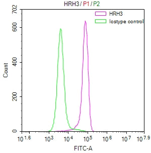 Overlay Peak curve showing SH-SY5Y cells surface stained with CSB-RA783626A0HU (red line) at 1:50. Then 10% normal goat serum to block non-specific protein-protein interactions followed by the antibody (1µg/1*10<sup>6</sup>cells) for 45min at 4℃. The secondary antibody used was FITC-conjugated Goat Anti-rabbit IgG(H+L) at 1:200 dilution for 35min at 4℃.Control antibody (green line) was rabbit IgG (1µg/1*10<sup>6</sup>cells) used under the same conditions. Acquisition of >10,000 events was performed.