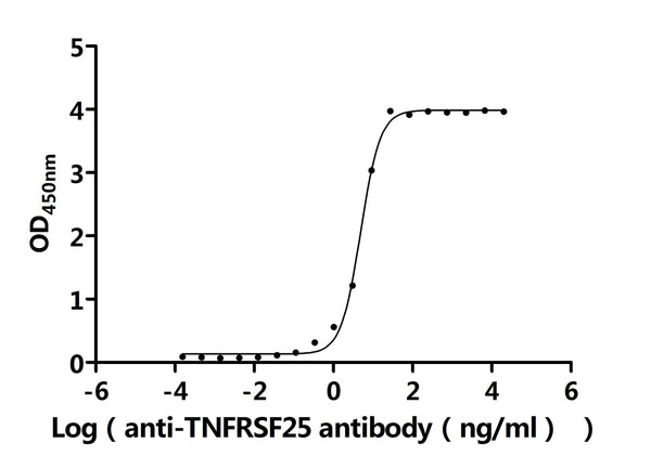 The Binding Activity of Human TNFRSF25 with Anti-TNFRSF25 recombinant antibodyActivity: Measured by its binding ability in a functional ELISA.Immobilized Human TNFRSF25(CSB-MP839000HUn6) at 2 μg/mL can bind Anti-TNFRSF25 recombinant antibody. The EC<sub>50</sub> is 4.485-5.277 ng/mL.