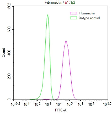 Overlay Peak curve showing 3T3 cells stained with CSB-RA919940A0HU (red line) at 1:50. The cells were fixed in 4% formaldehyde and permeated by 0.2% TritonX-100. Then 10% normal goat serum to block non-specific protein-protein interactions followed by the antibody (1µg/1*10 6 cells) for 45min at 4℃. The secondary antibody used was FITC-conjugated Goat Anti-rabbit IgG(H+L) at 1:200 dilution for 35min at 4℃.Control antibody (green line) was rabbit IgG (1µg/1*10 6 cells) used under the same conditions.