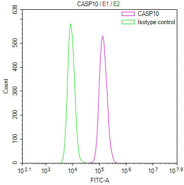 Overlay Peak curve showing K562 cells stained with CSB-RA968730A0HU (red line) at 1:100. The cells were fixed in 4% formaldehyde and permeated by 0.2% TritonX-100 for 10min. Then 10% normal goat serum to block non-specific protein-protein interactions followed by the antibody (1ug/1*10 6 cells) for 45min at 4℃.